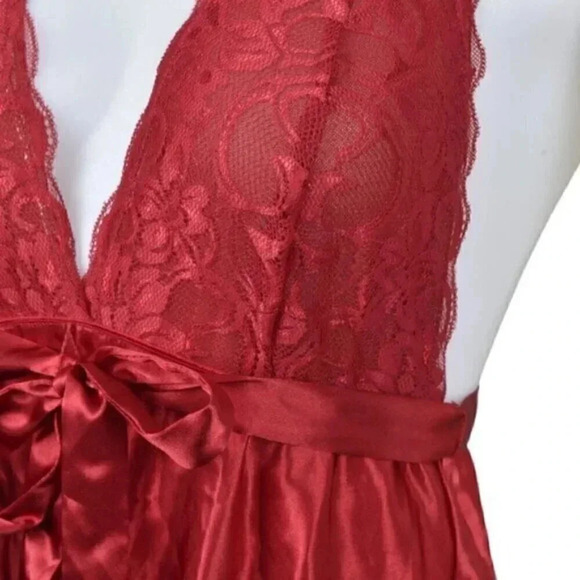 La Vie En Rose Satin Babydoll Lace Tie Waist Deep V Size Small - Picture 4 of 9